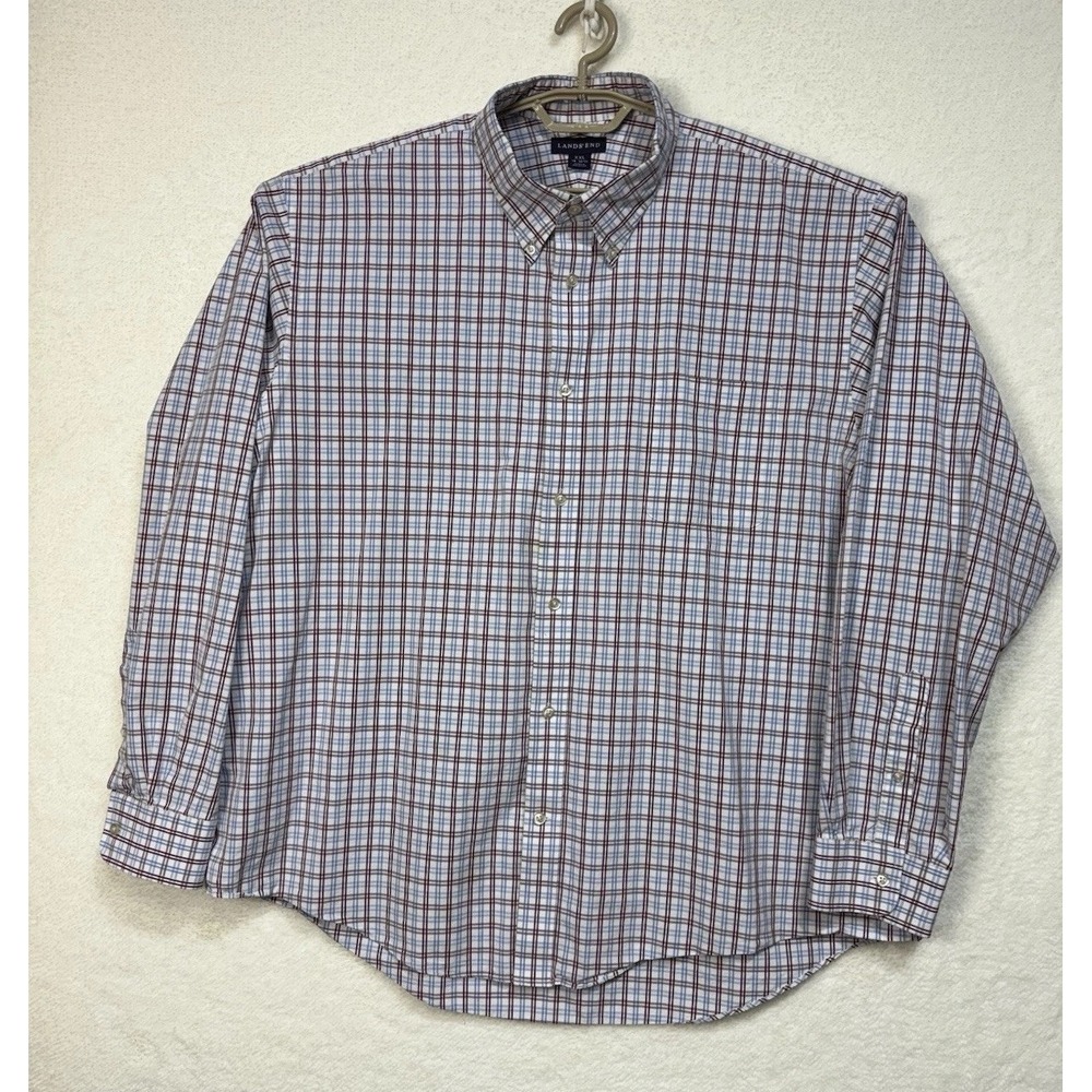 Lands End Shirt Mens XXL Red Blue Plaid Long Sleeve Button Down Pocket Cotton